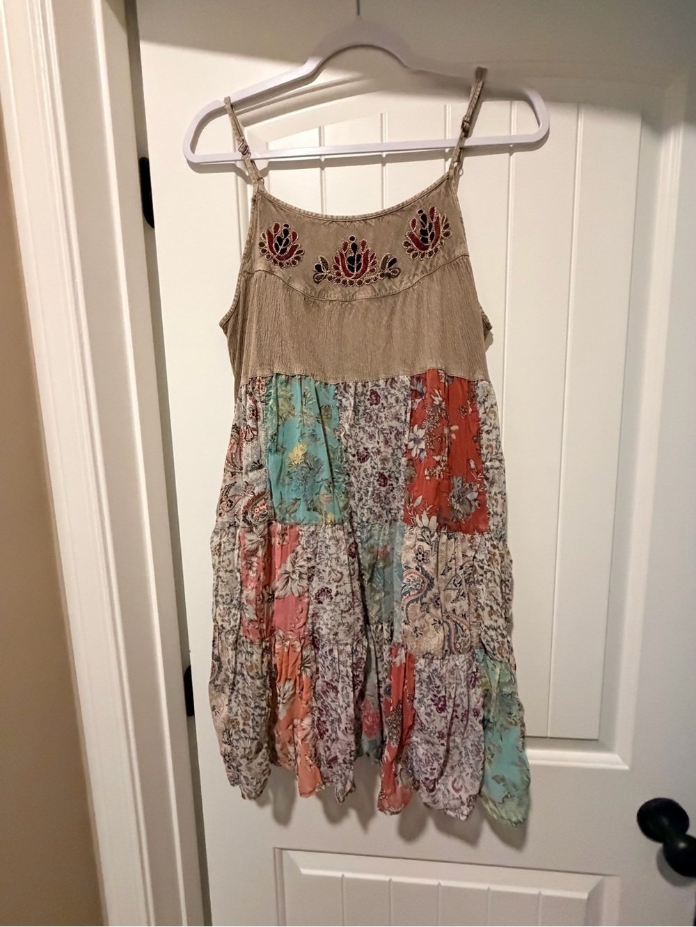 Boho Patchwork Mini Dress with Embroidered Yoke - Beige Multi